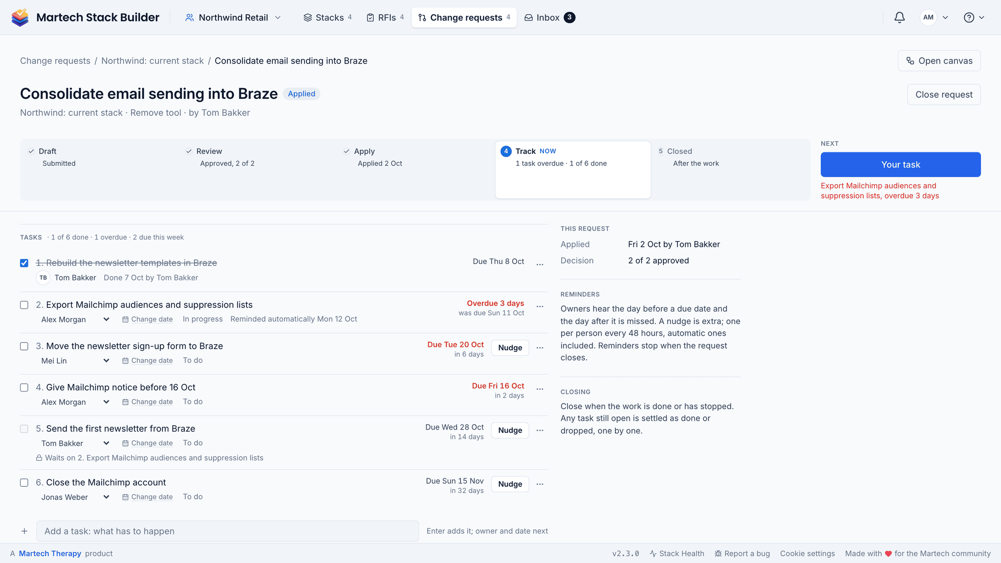 The Track stage: six tasks with owners and due dates, one done, one overdue by 3 days, one waiting on another, with Nudge buttons and how the reminders work
