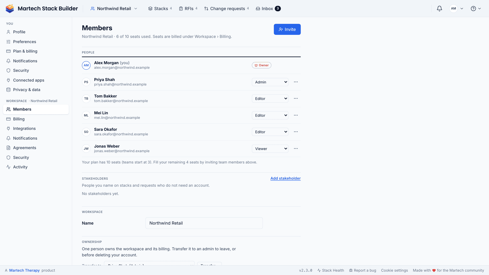 Settings › Workspace › Members: six people, each with their role (Owner, Admin, Editor or Viewer), and 6 of 10 seats used