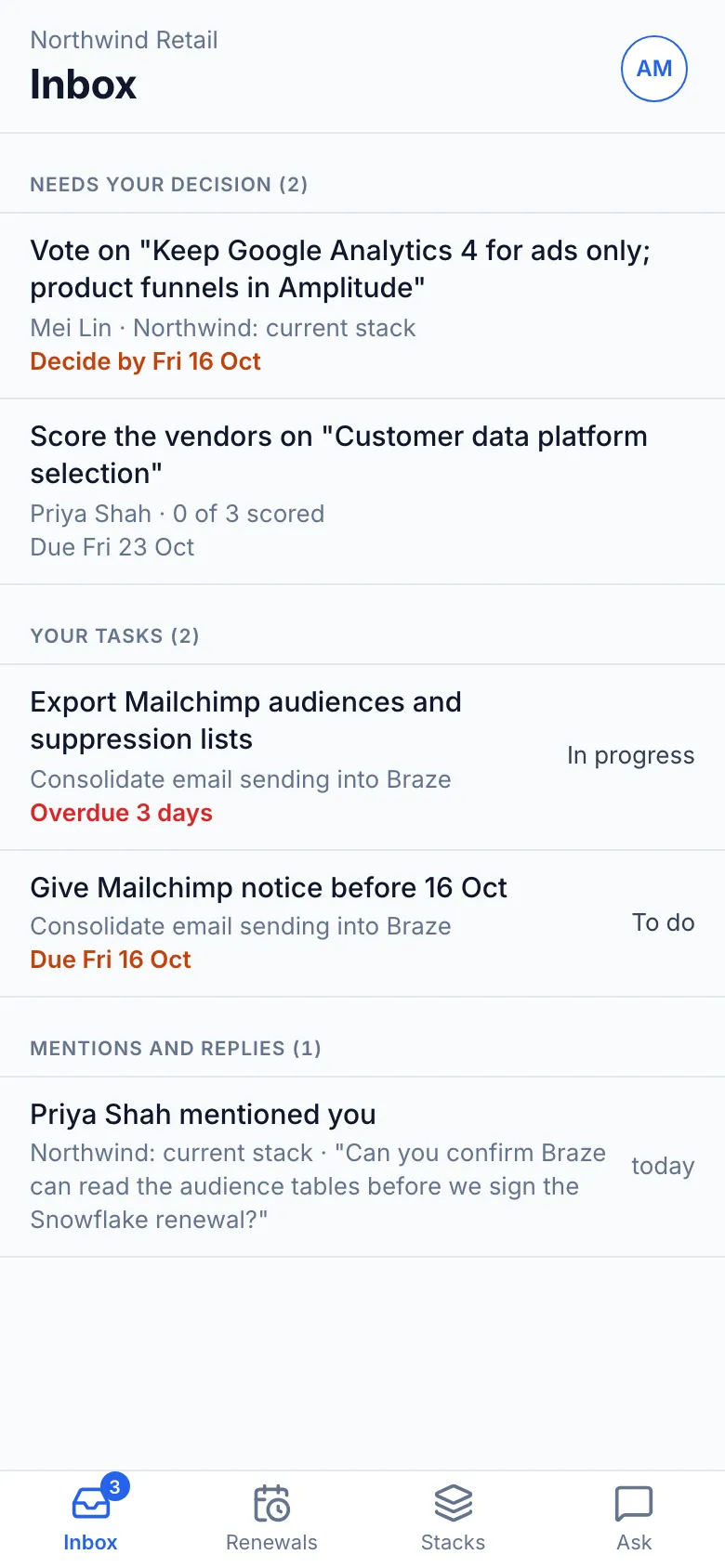 The Inbox on the phone: a change request vote and an RFI to score under Needs your decision, two tasks (one overdue by 3 days), and a mention, with Inbox, Renewals, Stacks and Ask tabs along the bottom