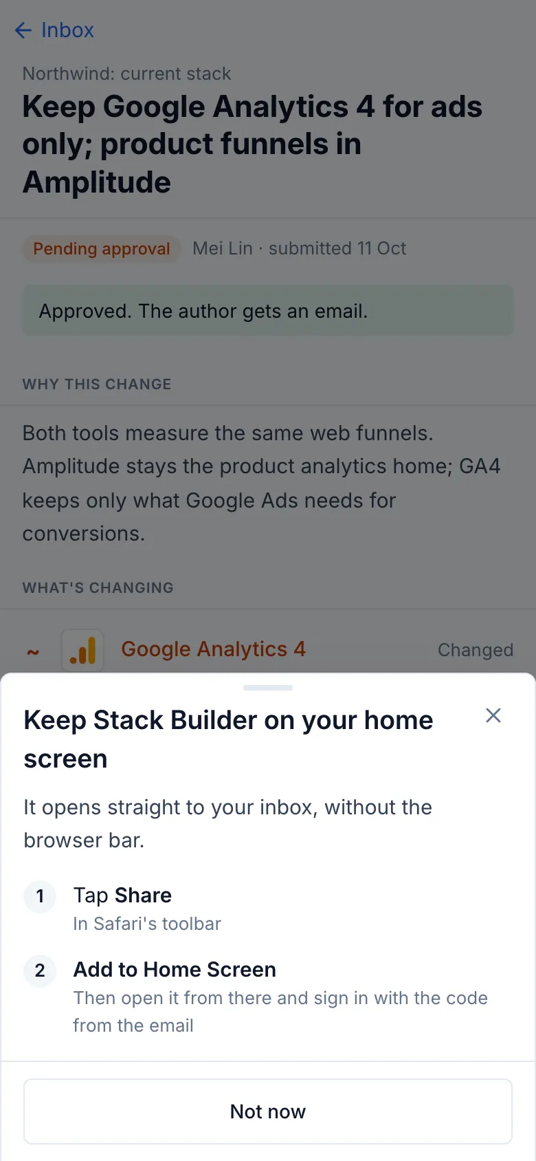 The app’s own install prompt on iPhone: Keep Stack Builder on your home screen, with two steps, tap Share, then Add to Home Screen
