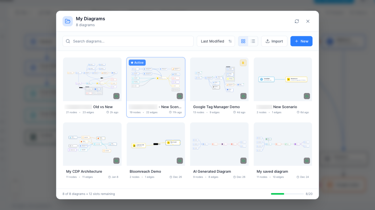 My Diagrams grid view showing multiple client stack thumbnails