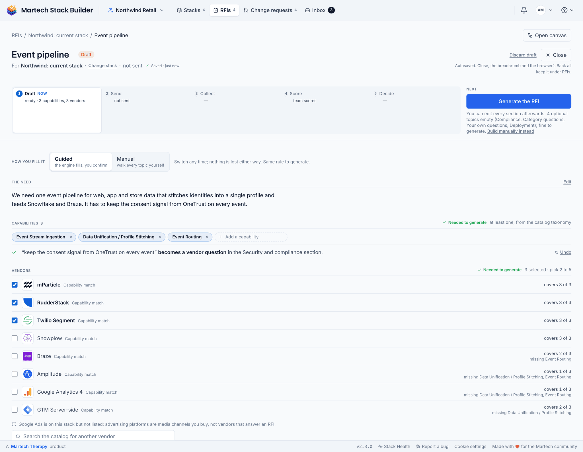 The one page to confirm: the need in the person’s own words, three capabilities from the catalog, the unmatched phrase about the OneTrust consent signal turned into a vendor question, and the vendor shortlist with mParticle, RudderStack and Twilio Segment ticked, each showing how many of the capabilities it covers