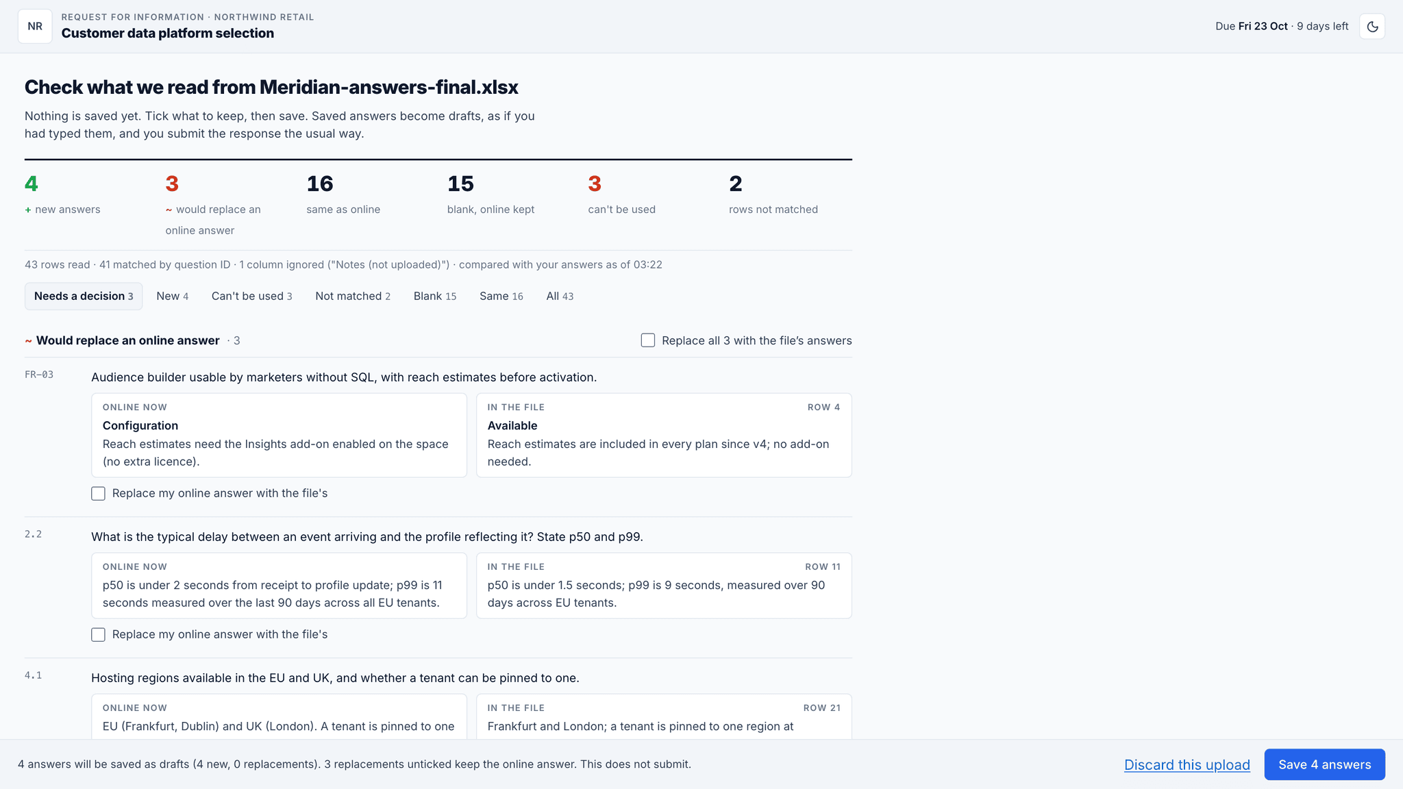 The check after a vendor uploads a filled workbook: 4 new answers, 3 that would replace an answer given online, 16 the same, 3 that cannot be used and 2 rows not matched, with the online answer and the file’s answer side by side and nothing saved until the vendor ticks it