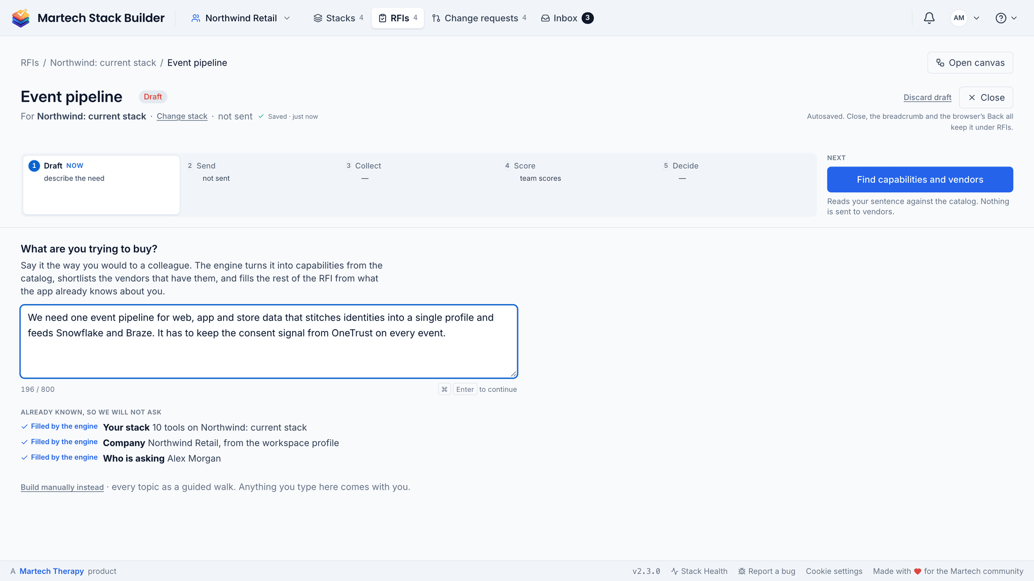 A new RFI on the Northwind stack: the need typed in two sentences under “What are you trying to buy?”, and below it what the engine already knows and will not ask: the stack, the company and who is asking