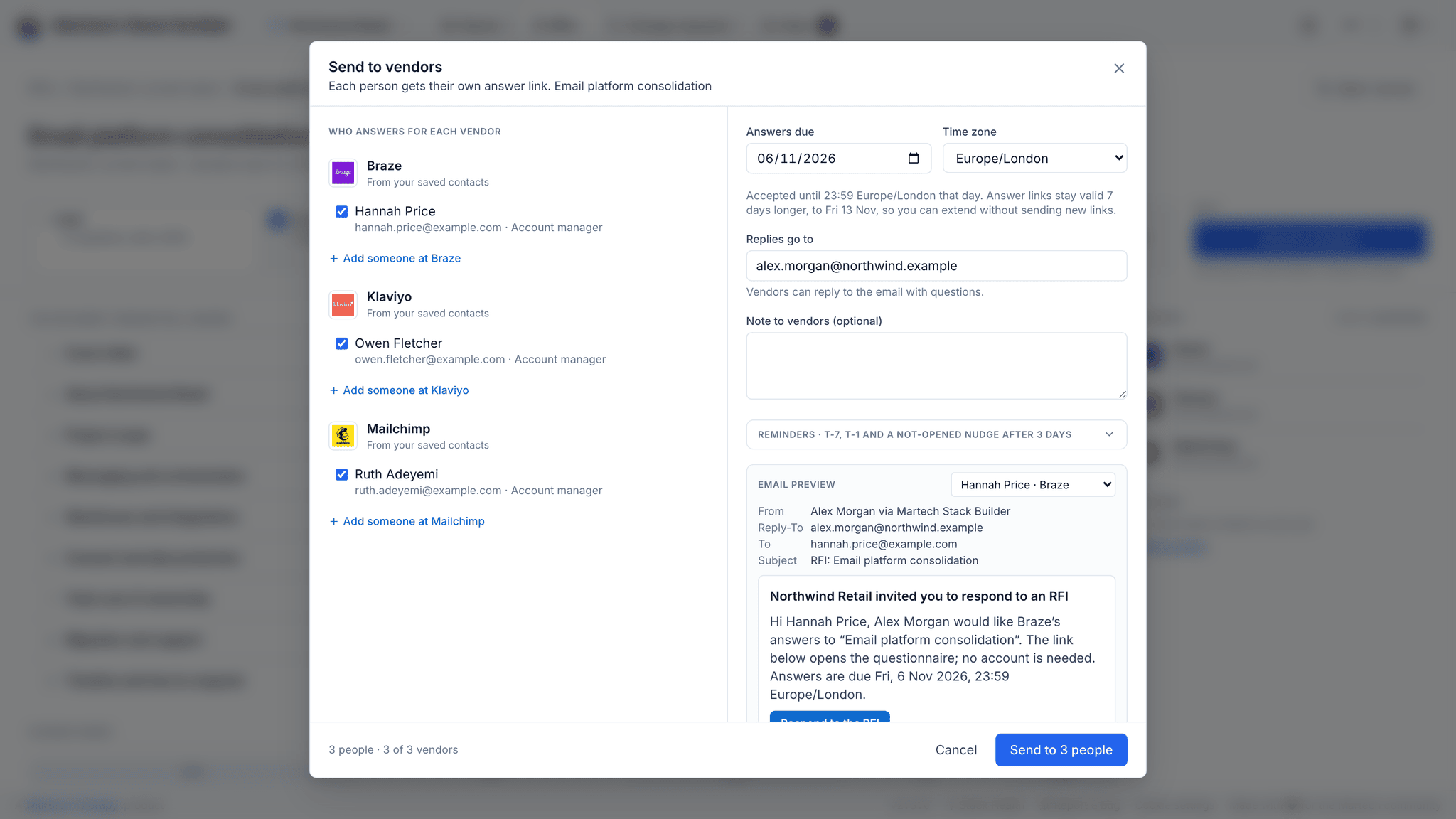 The Send to vendors dialog: one contact ticked at each of Braze, Klaviyo and Mailchimp, the answer deadline and its time zone, where replies go, the automatic reminders, and a preview of the invitation email