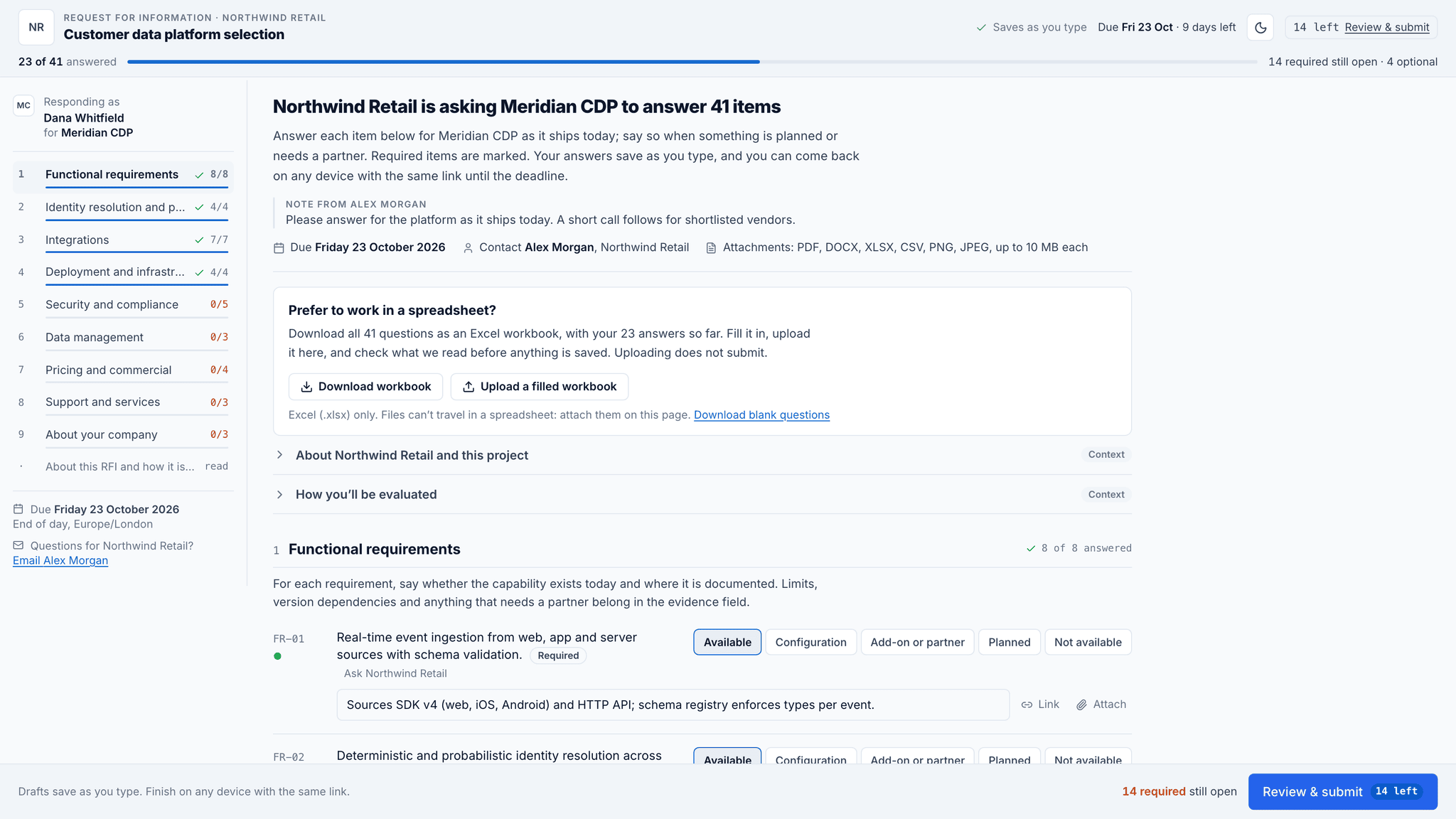 The answer page a vendor sees, for the fictional Meridian CDP: 23 of 41 items answered, the sections with what is left in each, the option to download the questions as an Excel workbook or upload a filled one, and a requirement answered as Available with its evidence