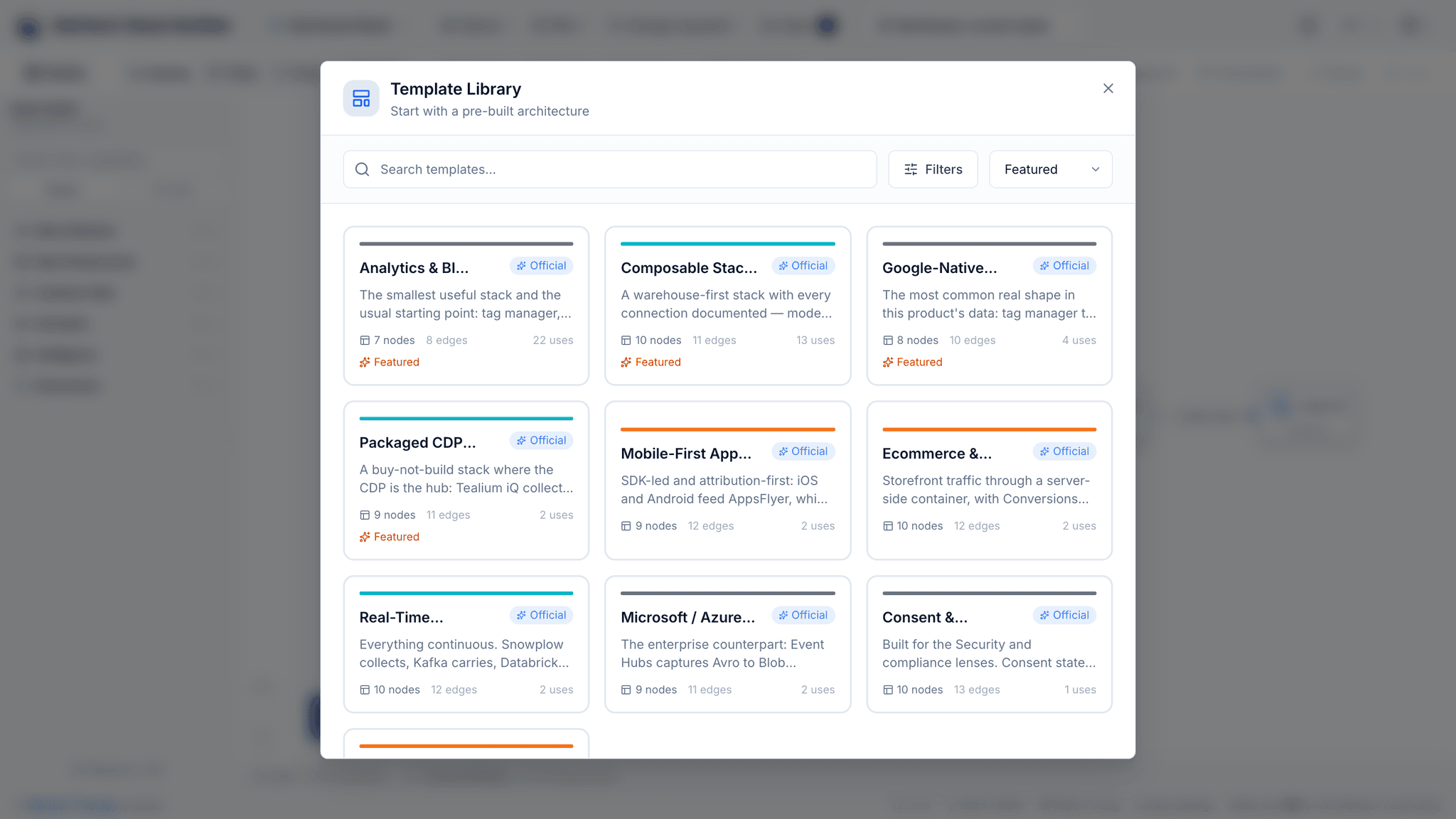 The Template Library: the official templates as cards (analytics and BI, composable, Google-native, packaged CDP, mobile-first, ecommerce, real-time, Microsoft and Azure, consent and more), each with a short description and its node and edge count